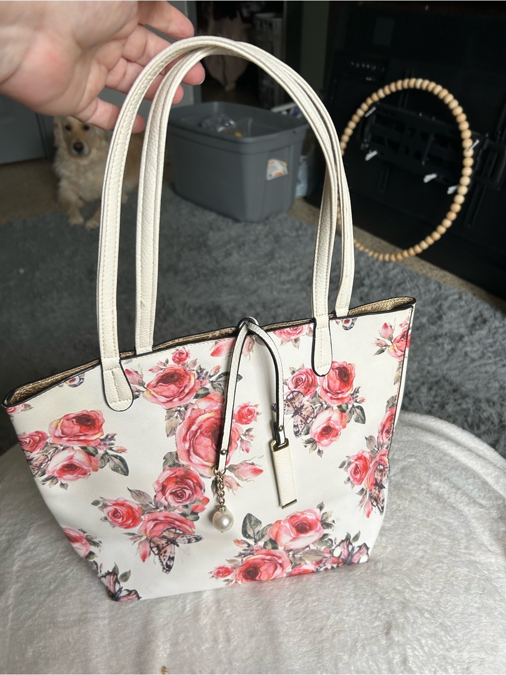 Floral Cream Tote Bag with Rose Print